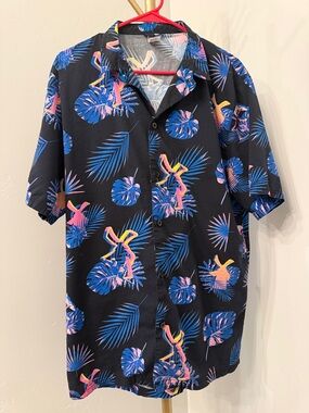 Dutch Bros Hawaiian Shirt Mens Large Black Neon Windmill Logo Tropical Button Up